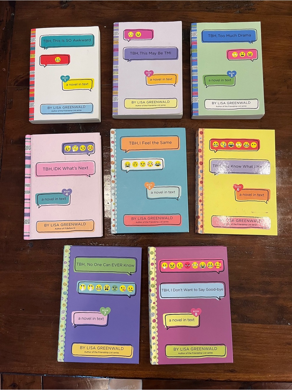 TBH series 1-8 by Lisa Greenwald, 3 paperback, 5 hardcover. A novel in text